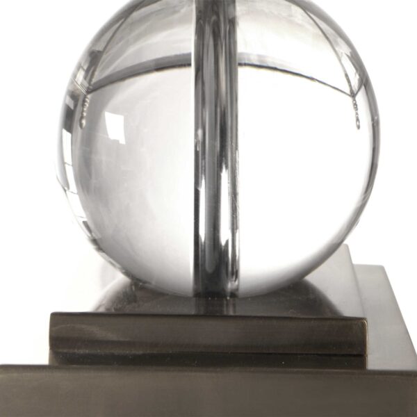 Crystal table lamp with tapered cut crystal column, thick crystal sphere, and brushed, antiqued nickel-plated details